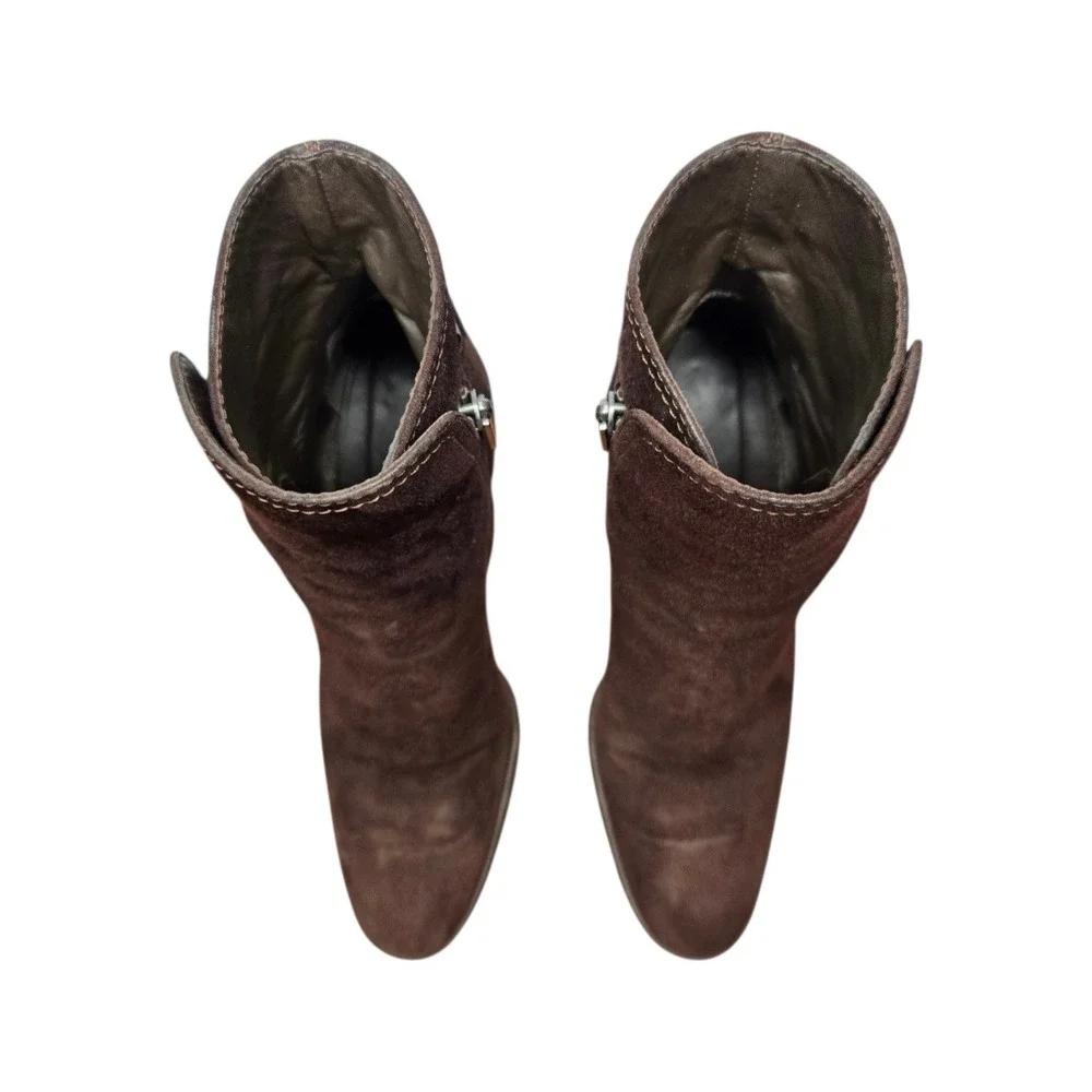 Tod's Brown Suede Buckle Detail Ankle Boots 38 Block Heel Platform Luxe Italy